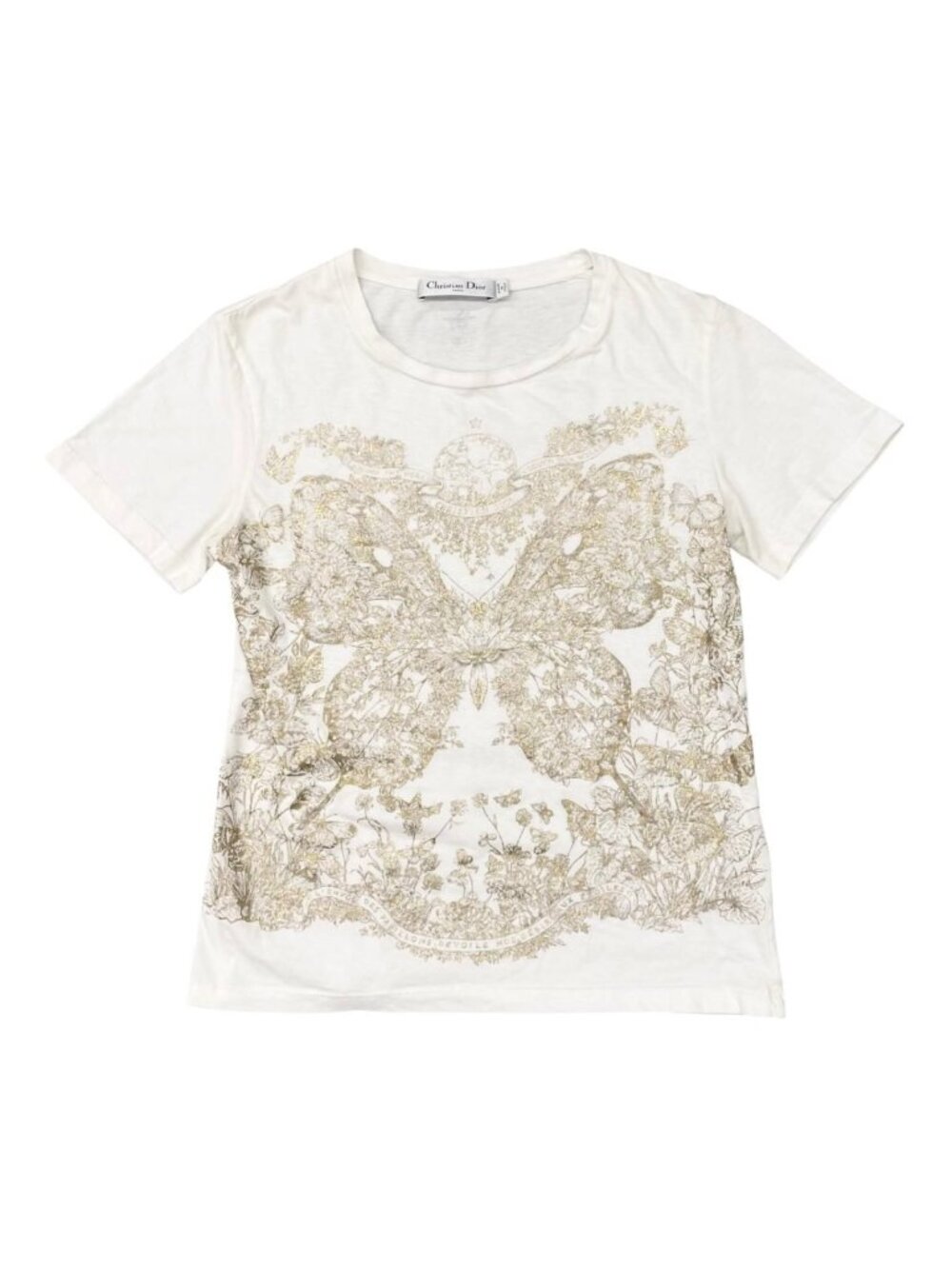 Dior Short Sleeve T-Shirt Butterfly Around the World Motif Logo White Gold XS